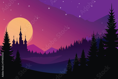 A silhouetted castle sits beneath a vibrant purple and yellow moonlit sky