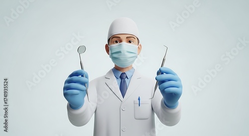 3D Render of a Dentist in a Lab Coat and Surgical Mask Holding Dental Instruments