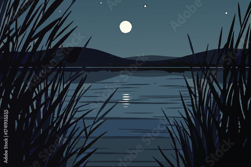 Serene nighttime landscape with a full moon over calm water and reeds