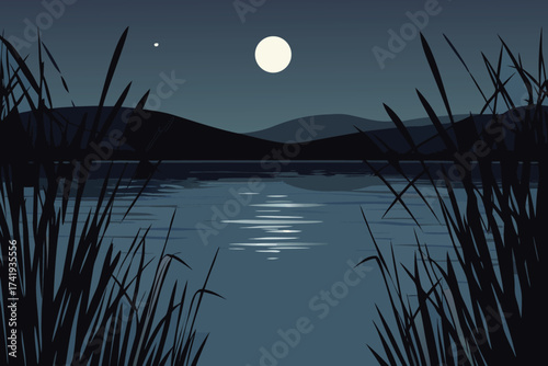 Serene nighttime landscape with a full moon reflected on calm water