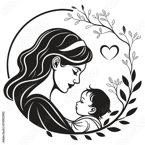 Stylized Mommy and Infant Portrait Tattoo Clipart 