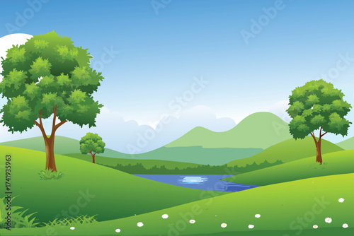 A peaceful landscape showing trees a river and rolling green hills