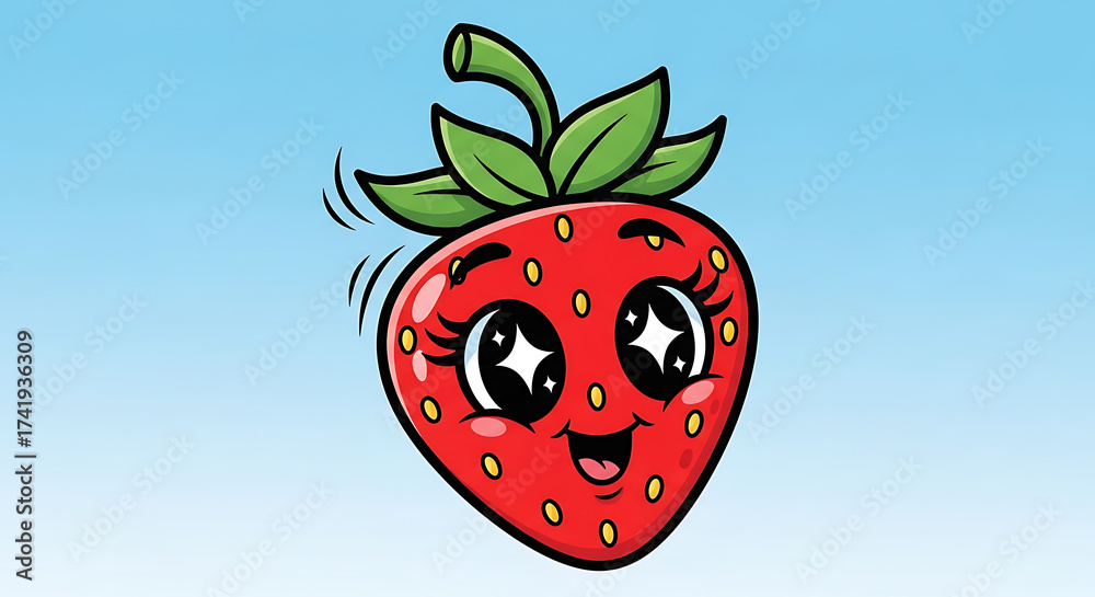 Obraz premium Cute Cartoon Strawberry with Big Sparkling Eyes and Happy Expression on Blue Background