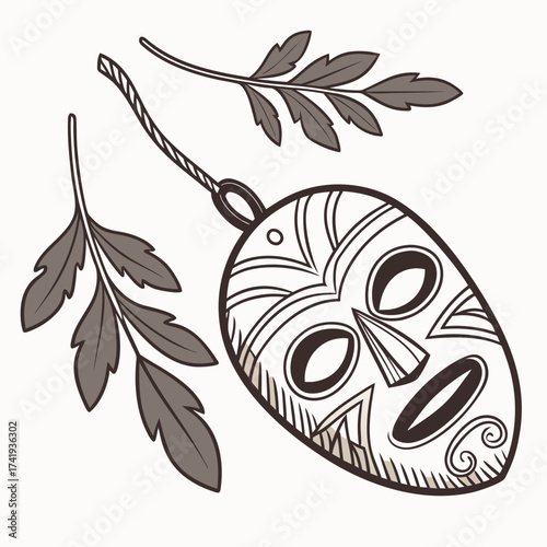 Stylized Illustration of an African Mask with Leafy Sprigs, Symbolic Art