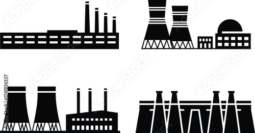 Industrial power plant, nuclear reactor, energy station, cooling tower, hydroelectric dam, electricity generator, thermal plant, industry building, modern factory, 