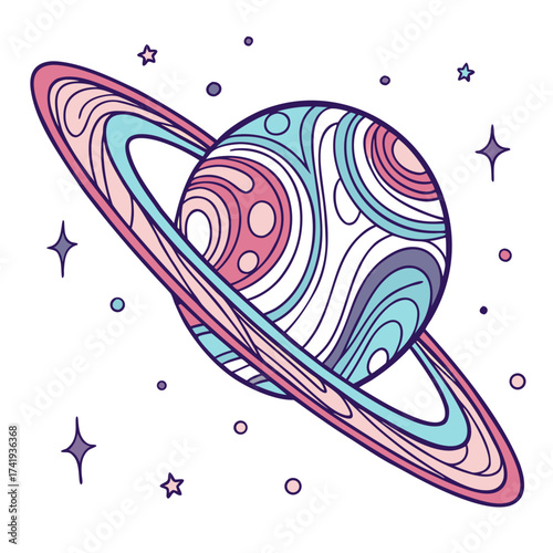 Colorful Planetary Illustration Artistic depiction of a planet, rings and stars in a flat style
