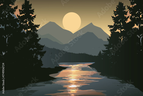 Serene mountain landscape with a reflective river and glowing sunset