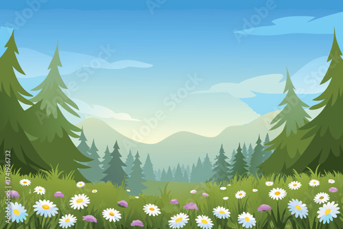 A peaceful landscape with evergreen trees mountains and blooming wildflowers