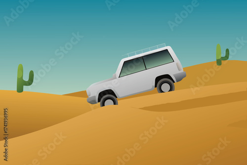 Stylized illustration of a white suv driving on desert sand dunes