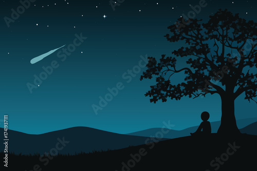 Silhouette of a person meditating under a starry night with a shooting star