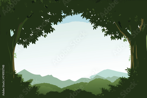 Framed view of distant mountains through lush green forest foliage