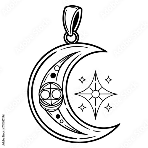 Crescent Moon and Star Pendant Design in Black and White