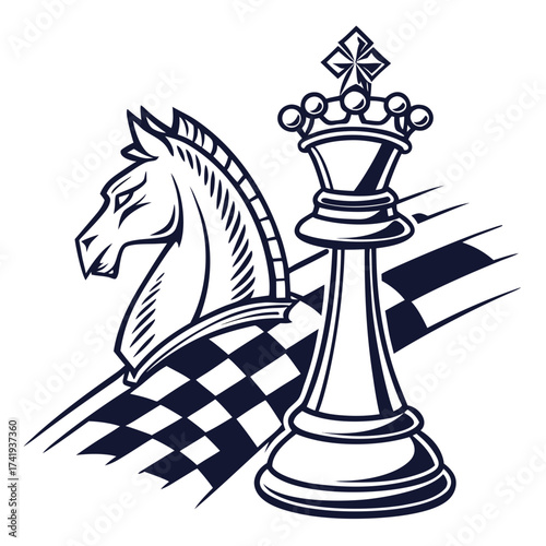 Chess Knight and King Illustration in Black and White