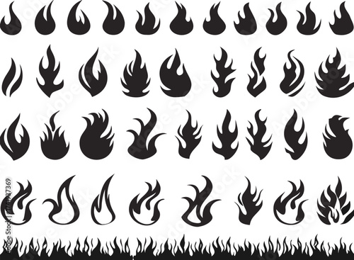 Set of black flames illustrated on white background

