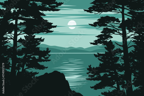 Serene landscape featuring a moonlit lake framed by dark pine trees