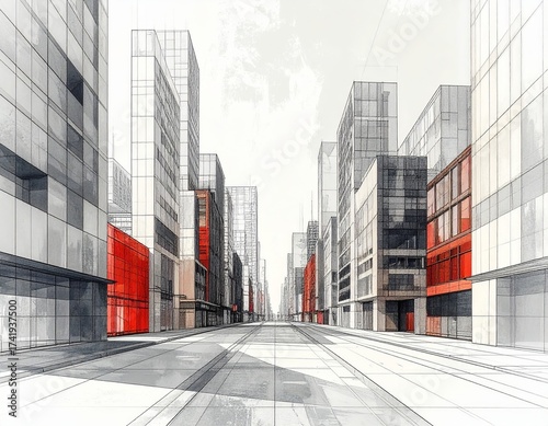 Creative architectural perspective of urban buildings in a 3D abstract line drawing