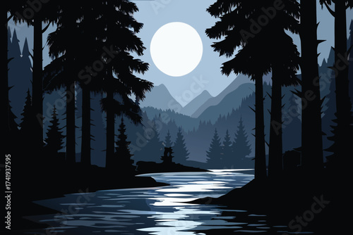 Silhouetted forest landscape with a bright full moon reflecting on water
