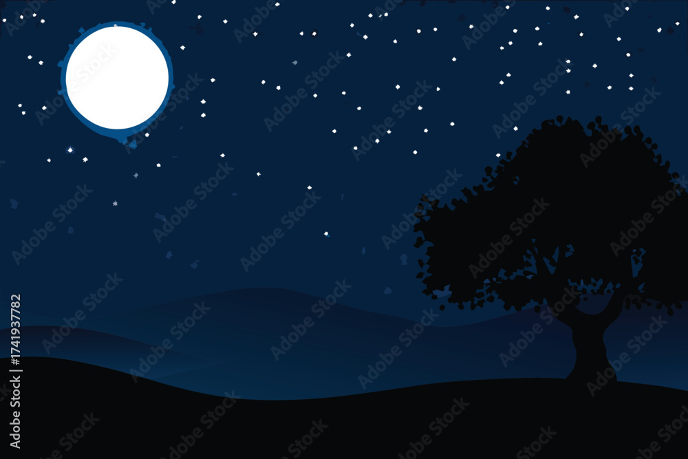 Naklejka premium A serene night scene with a full moon and silhouetted tree