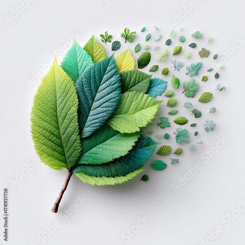 Vibrant Green Leaves Dispersing on White Background