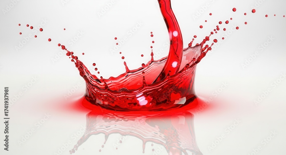 Fototapeta premium Red liquid splashes dramatically forming a crown shape and scattering droplets on a reflective surface