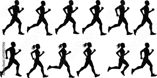 Running motion silhouette vector illustration, male and female stride cycle, athletic movement breakdown, sports biomechanics, fitness training, animation reference, isolated on white