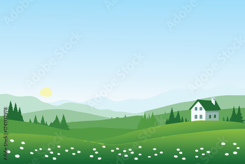 A peaceful landscape featuring rolling green hills a house and mountains