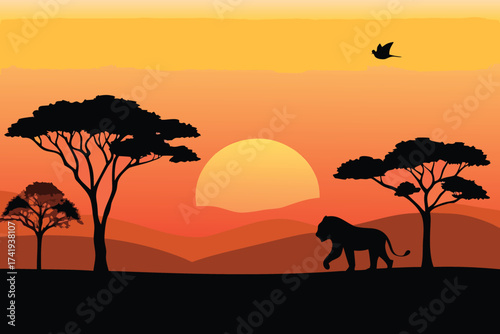 African savanna silhouette with a setting sun and majestic lion