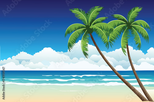 Tropical beach scene with palm trees blue sky and white clouds