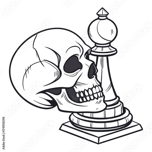 Skull Contemplation A Thoughtful Pause Beside a Chess Piece, A Symbolic Composition