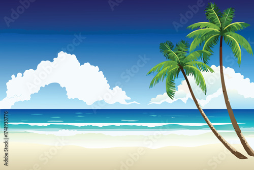 A serene tropical beach scene with palm trees and a blue sky