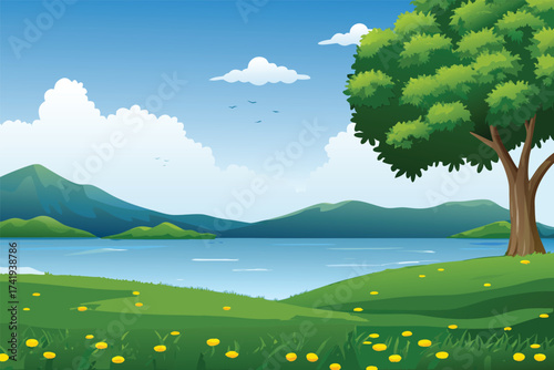 Beautiful landscape with a lake green grass and a bright blue sky