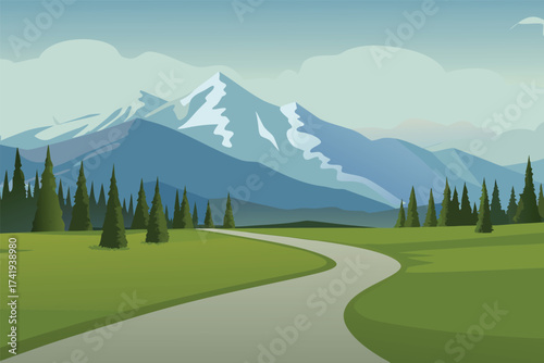 A winding road leads toward majestic mountains and evergreen forests