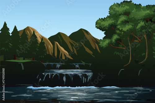 Tranquil mountain landscape featuring a cascading waterfall and lush green foliage