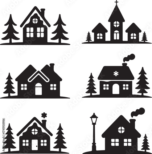 Christmas Village Silhouette Icon Set Vector Design