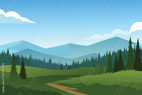 A serene landscape showcasing lush green hills and distant blue mountains
