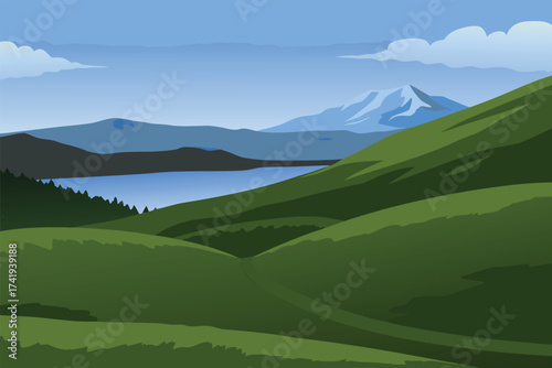 A serene landscape featuring mountains a lake and rolling green hills