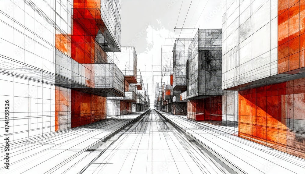 Obraz premium Creative architectural perspective of urban buildings in a 3D abstract line drawing
