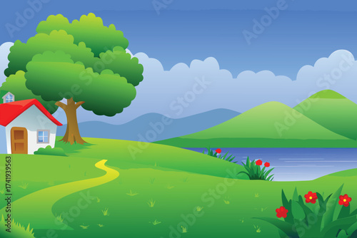 A vibrant cartoon landscape with a charming house and green hills