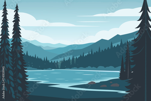 Serene lakeside view with distant mountains and evergreen forest landscape