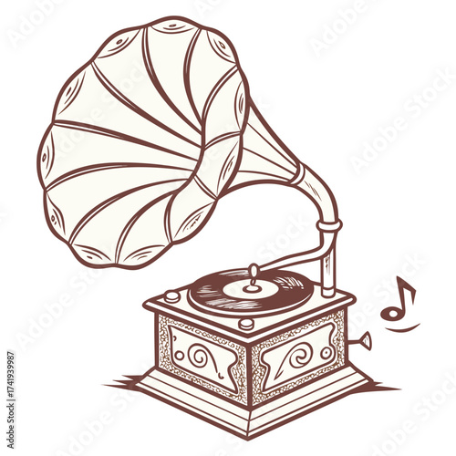 Vintage Gramophone Illustration Elegant Musical Heritage on White