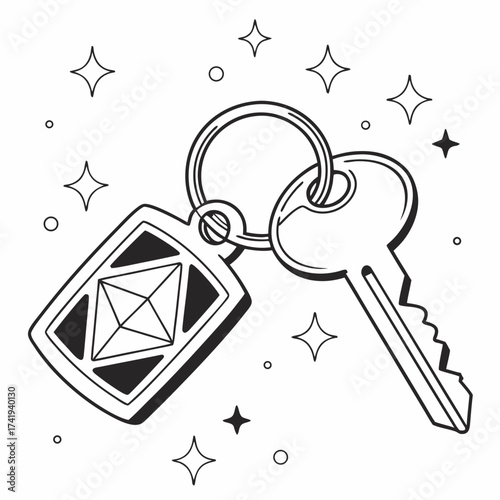 Minimalist Key with Fob and Sparkles Line Art