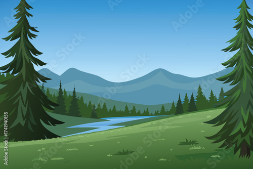 A peaceful landscape featuring mountains forest and a winding river