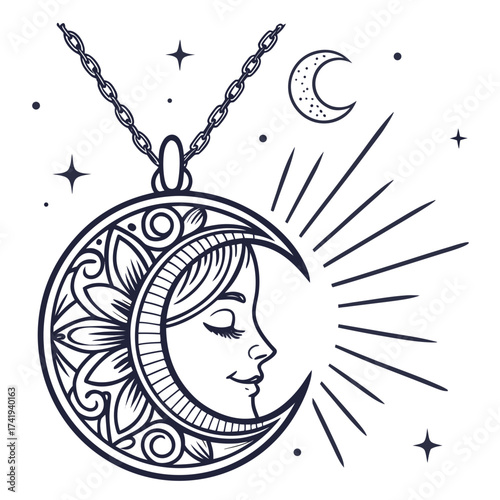 Celestial Crescent Moon Goddess Amulet Illustration on White