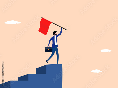 Successful businessman on the stairs holding the flag of victory