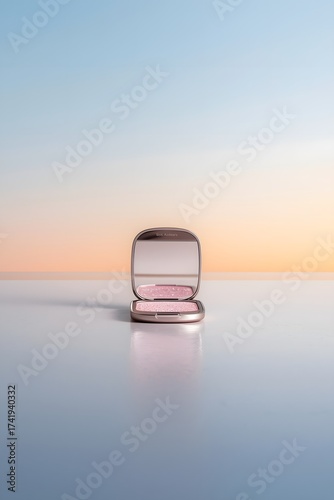 Open pink blush compact showcased on a glossy reflective surface with a serene pastel sky gradient, creating a luxurious minimal beauty scene ideal for cosmetic branding and premium product presentati