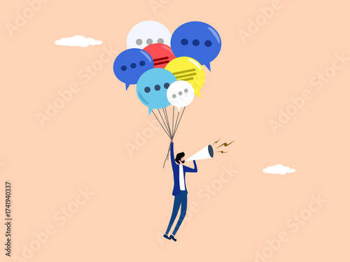 Promotion, businessman flying with speech balloons while making announcements through a loudspeaker