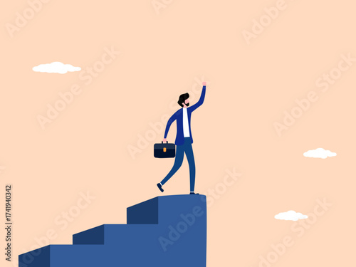 Successful businessman raises his hands in joy on the top of the stairs