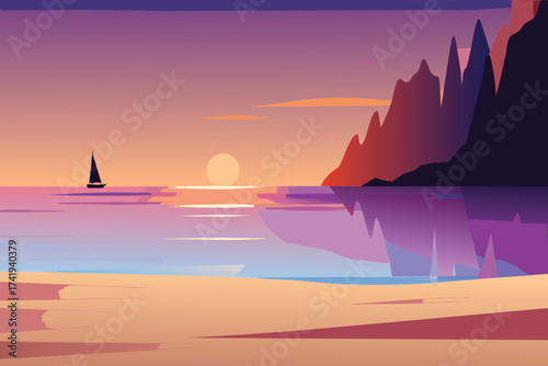 Serene sunset scene with a sailboat silhouetted against the calm ocean
