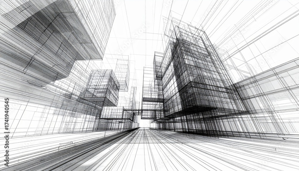Fototapeta premium Creative architectural perspective of urban buildings in a 3D abstract line drawing
