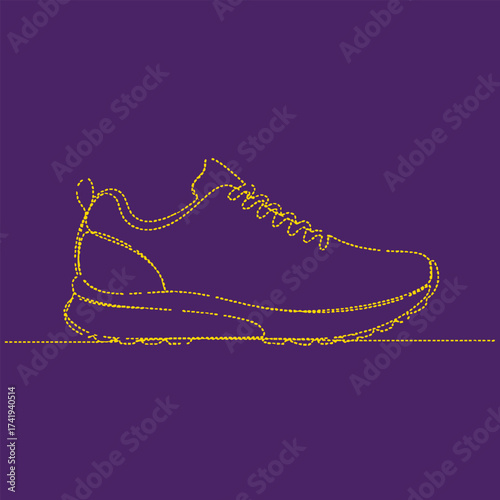 Single Line Drawing of a Modern Athletic Shoe with Detailed Sole and Lacing on a Solid